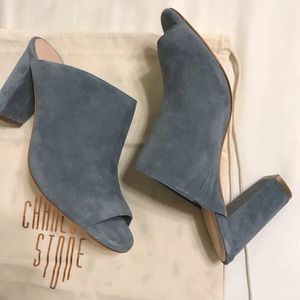 NEW blue / gray suede peep toe mule heel